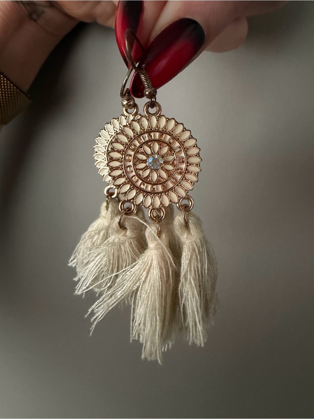 Boho Gold-Tone Floral Disc Earrings with Cream Tassels - Picture 2 of 3